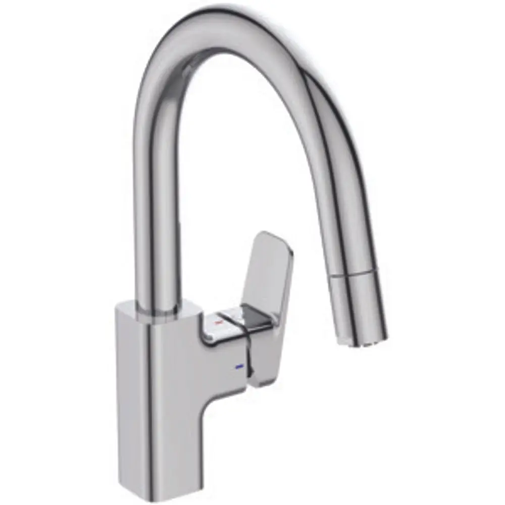 Küchenarmatur aus Chrom von Ideal Standard, mit einem gebogenen Auslauf und einem Hebel zur Steuerung der Wasserzufuhr.